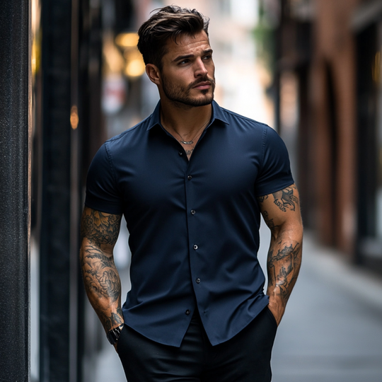 Men's Casual Soft Breathable Cotton Lapel Slim Fit Short Sleeve Shirt DTT25060902