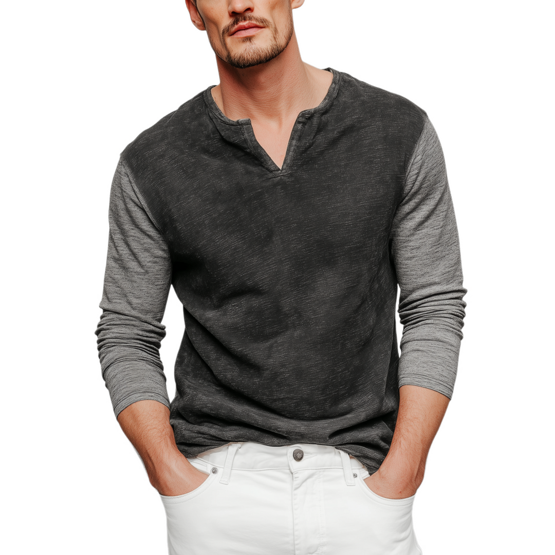 Men's Classic Casual V-neck Bamboo Cotton Patchwork Slim Fit Long Sleeve T-shirt DTT25080115