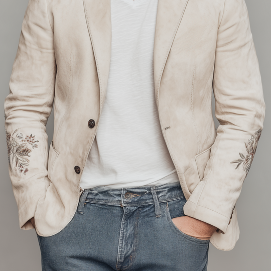 Men's Spring Fashion Casual Solid Color Thin Suede Cuff Embroidery Single Breasted Blazer DTT25072104