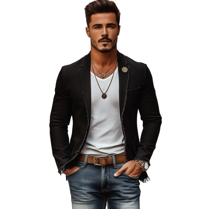 Men's Casual Linen Notch Lapel Single-breasted Patch Pocket Tassel Trim Slim-fit Blazer DDT25052924