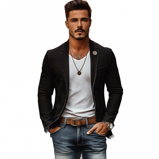 Men's Casual Linen Notch Lapel Single-breasted Patch Pocket Tassel Trim Slim-fit Blazer DDT25052924