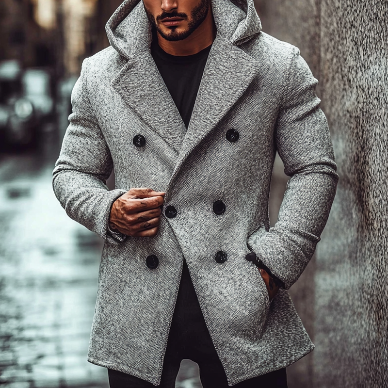 Men's Blend Herringbone Double-breasted Hooded Coat DTT25082915