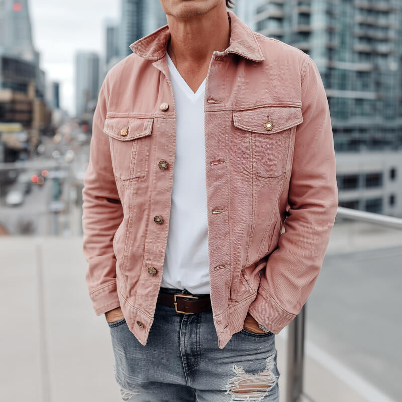 Men's Vintage Outdoor Washed Distressed Denim Lapel Single-breasted Slim-fit Jacket DTT25082714