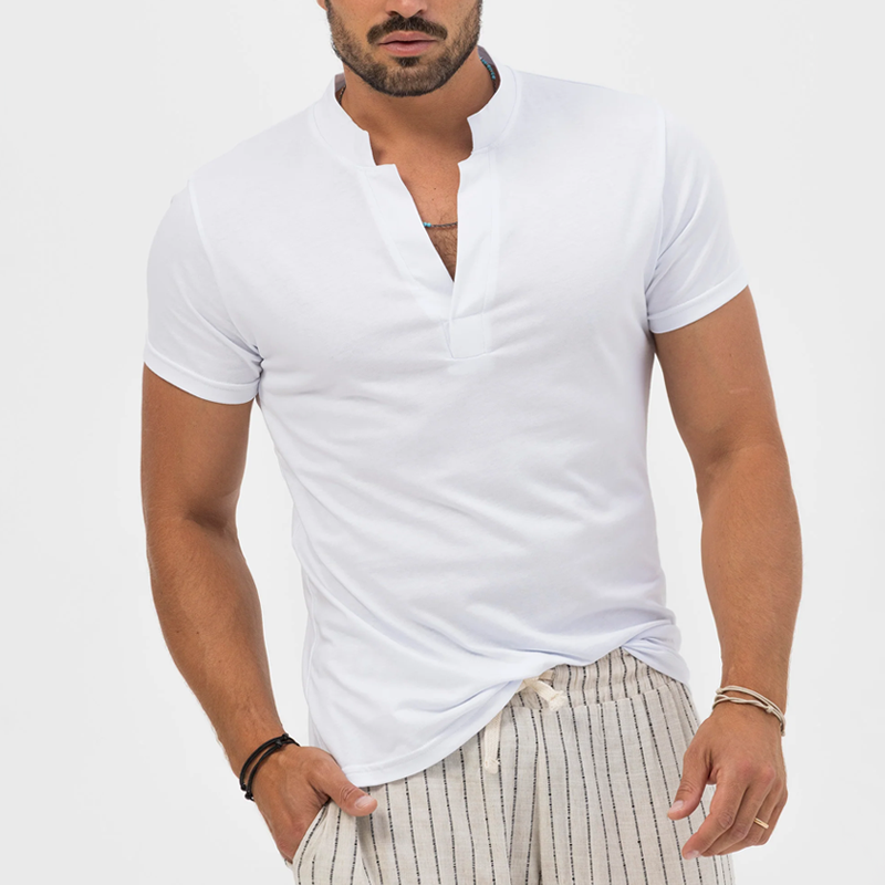 Men's Solid Collar Cotton Stand Collar Short Sleeve T-shirt 9918990483640