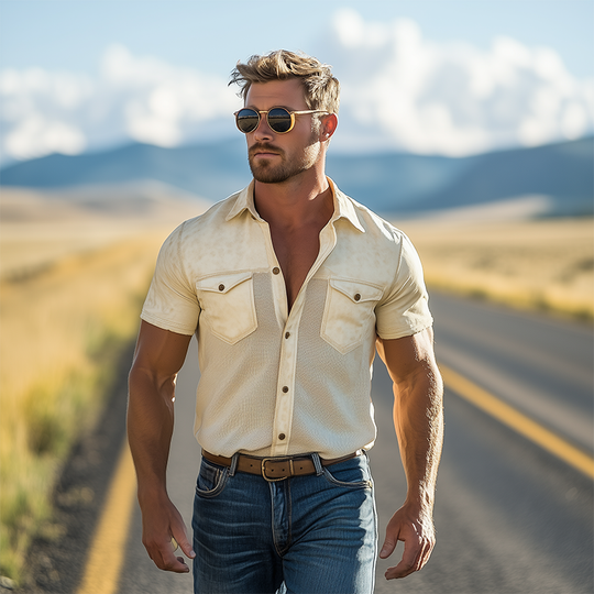 Men's Spring And Summer Fashion Casual Thin Suede Splicing Mesh Fabric Slim Short-sleeved Shirt DTT25062514