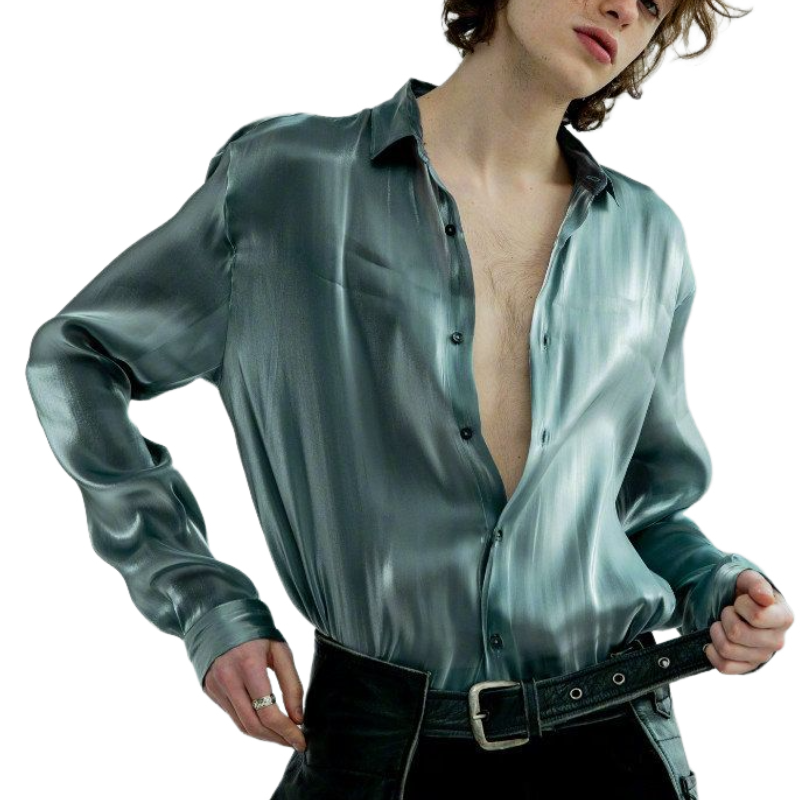 Men's Fashion Satin Lapel Long Sleeve Shirt 9893975195832
