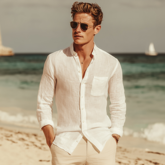 Men's Fashion Solid Color Breathable Linen Lapel Patch Pocket Slim Fit Long Sleeve Shirt DTT25071118