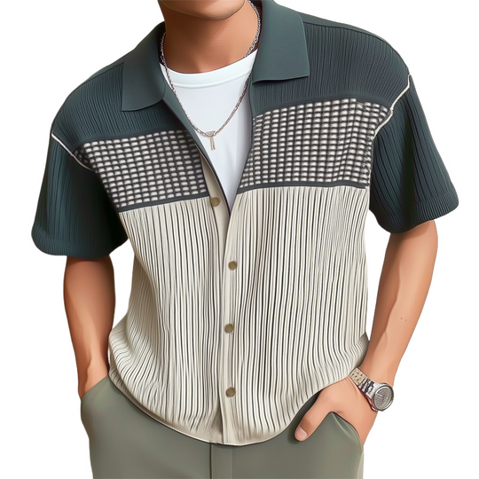 Men's Business Colorblock Knitted Button Short Sleeve Shirt DTT25072309
