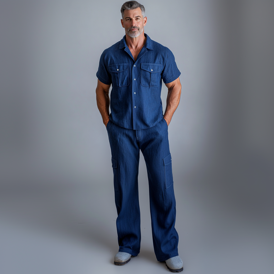 Men's Solid Chest Pocket Short Sleeve Shirt & Cargo Pants 2Pcs Set 9913234981048