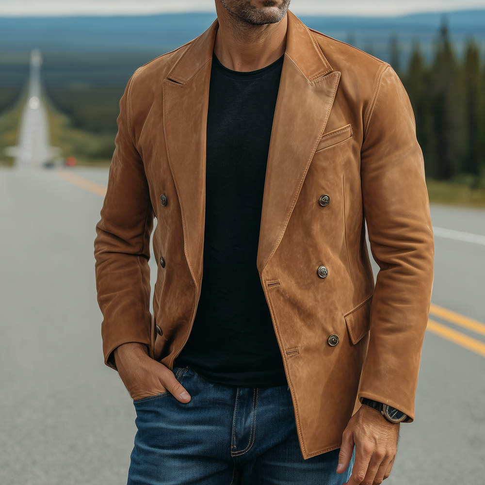 Men's Classic Retro Solid Color Suede Double-breasted Slim-fit Blazer DTT25080719