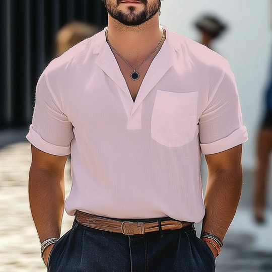 Men's Summer Business Cotton And Linen V-neck Short-sleeved T-shirt DTT25061102