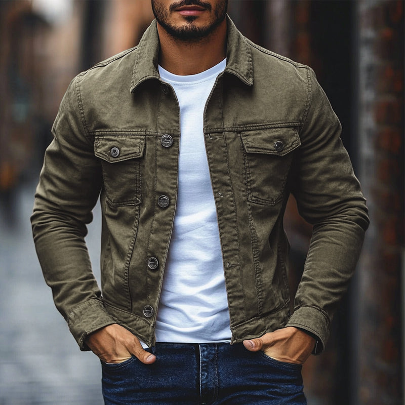 Men's Solid Lapel Washed Denim Jacket 9909011513528