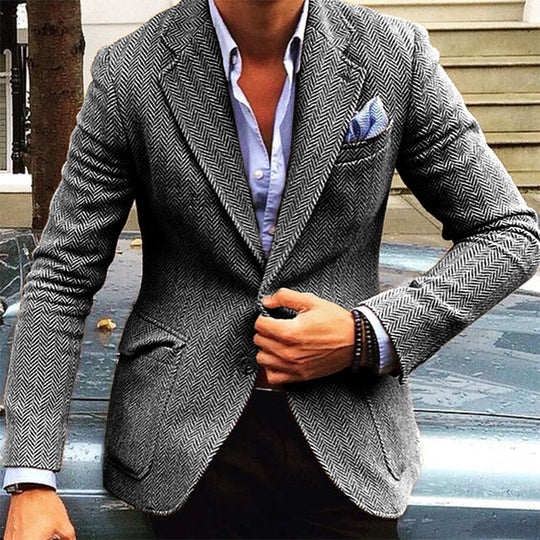 Men's Vintage Herringbone Wool Blend Lapel Single Breasted Blazer DTT25082005