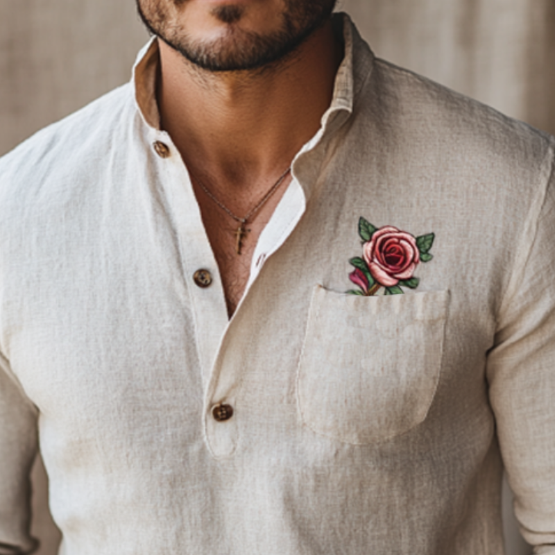 Men's Vintage Stand Collar Rose Embroidery Linen Long Sleeve Shirt 9892391747768