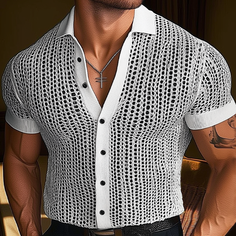 Men's Summer Slim Fit Hole Knit Short Sleeve Shirt DTT25062605