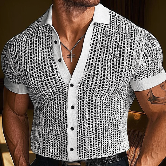 Men's Summer Slim Fit Hole Knit Short Sleeve Shirt DTT25062605