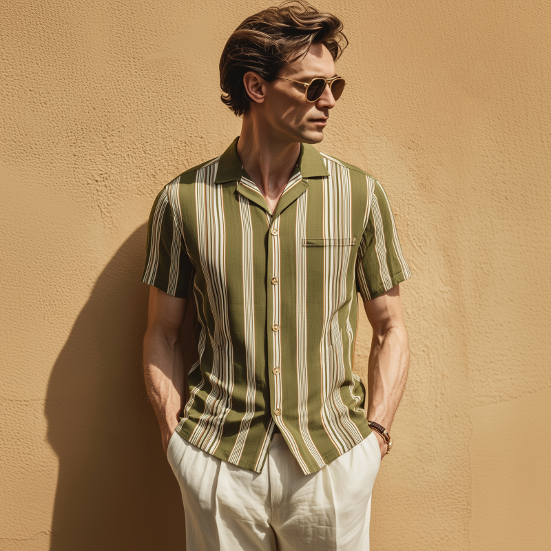 Men's Fashion Breathable Stripe Print Lapel Slim Fit Short Sleeve Shirt DTT25070918