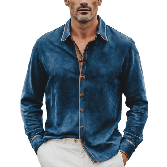 Men's Classic Casual Suede Fabric Patchwork Slim Long Sleeve Shirt DTT25080606