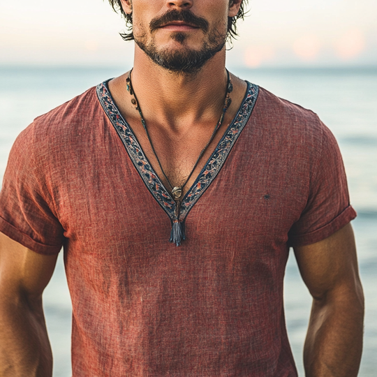 Men's Cotton And Linen V-Neck Embroidered Short-Sleeved T-Shirt DTT25061803