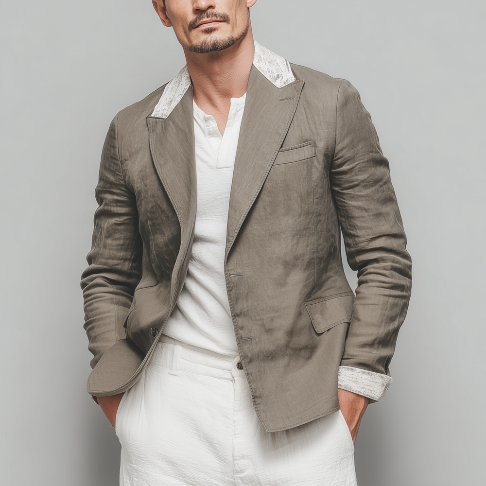 Men's Stylish Casual Cotton And Linen Blend Collar And Cuffs Lace Single-breasted Blazer DTT25073014