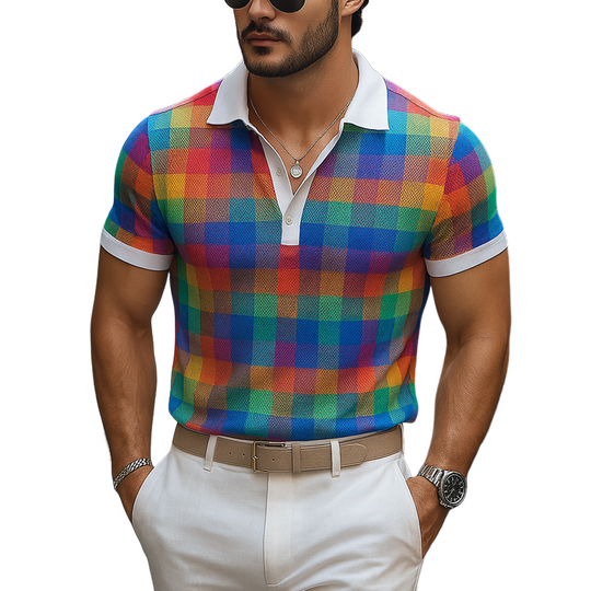 Men's Coloring Plaid Lapel Short Sleeve Polo Shirt DTT25070820