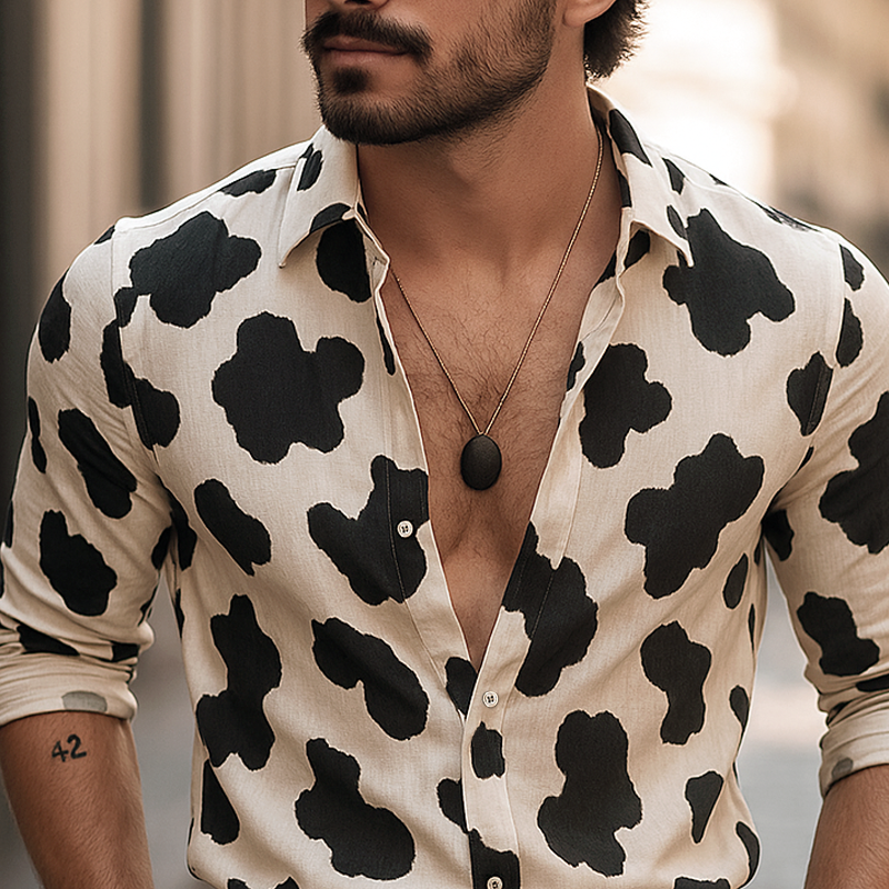 Men's Cow Print Lapel Long Sleeve Shirt DTT25062408