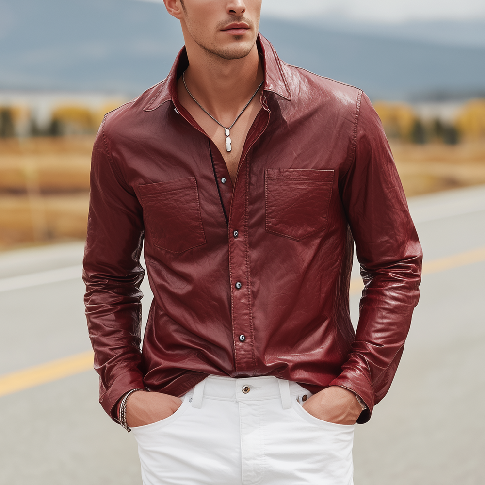 Men's Fashion Casual Pu Leather Slim Fit Metal Button Long Sleeve Shirt DTT25080607