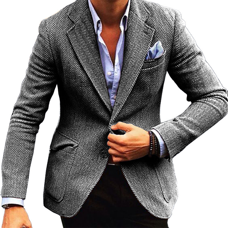 Men's Vintage Herringbone Wool Blend Lapel Single Breasted Blazer DTT25082005