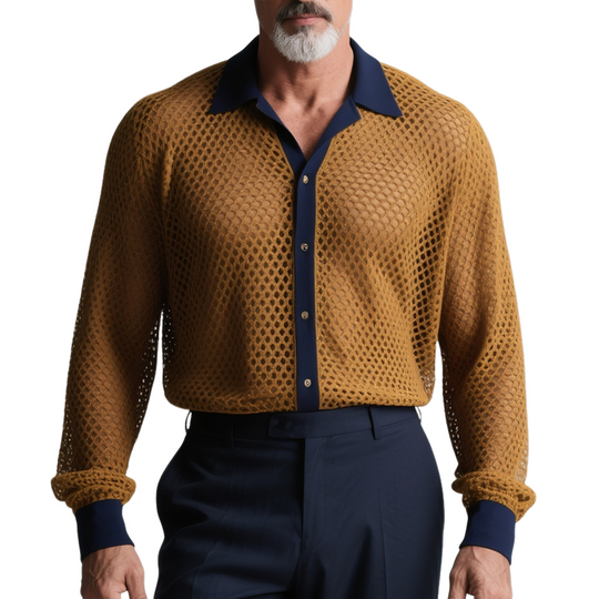 Men's Colorblock Hollow Out Knit Lapel Long Sleeve Shirt DTT25073114