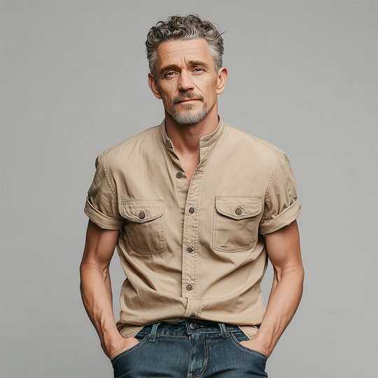 Men's Summer Casual Tencel Cotton Stand Collar Short Sleeve Shirt DTT25070312