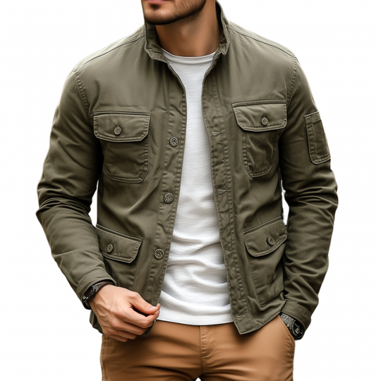 Men's Casual Outdoor Solid Color Breathable Cotton Washed Stand Collar Multi-pocket Workwear Jacket DTT25073118