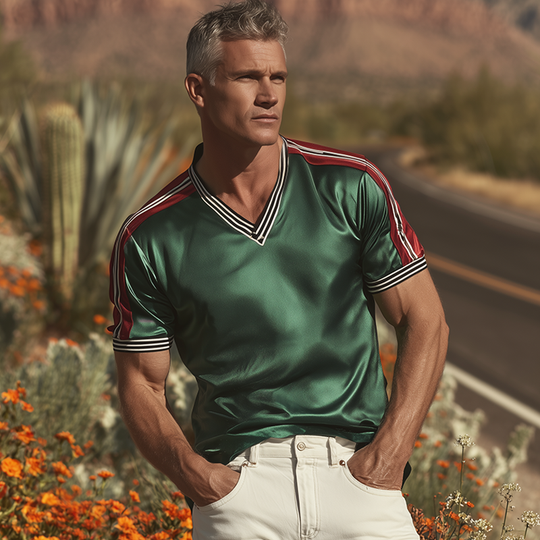 Men's Spring And Summer Fashion Casual Satin Contrast Color Splicing Ribbon V-neck Short Sleeve T-shirt DTT25071107