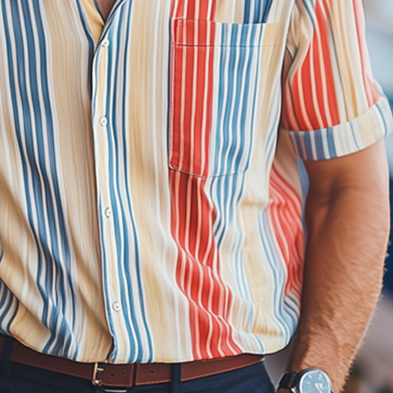 Men's Summer Classic Colorblock Striped Short Sleeve Shirt DTT25062302