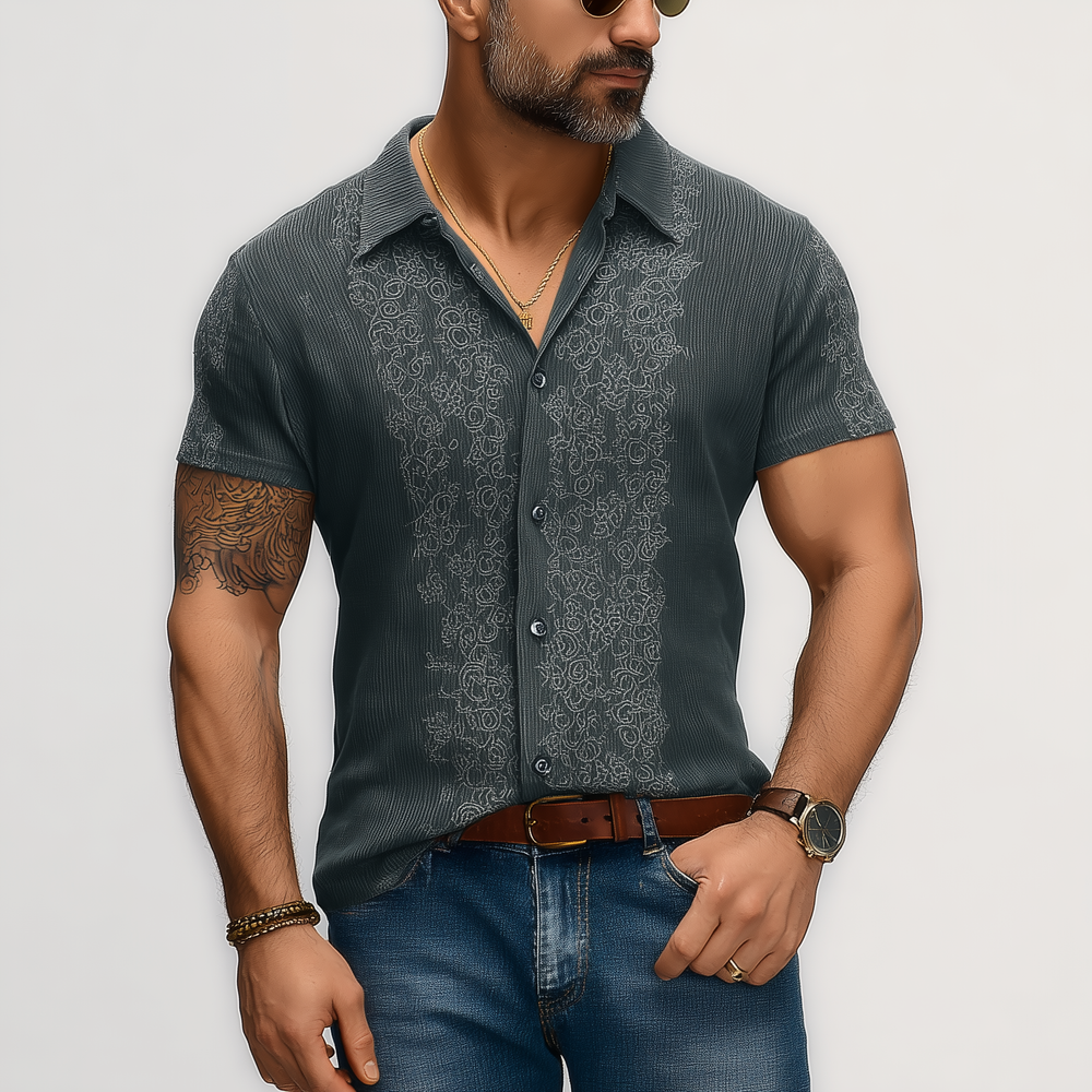 Men's Summer Fashion Embroidery Knitted Striped Short Sleeve Shirt DTT25062005