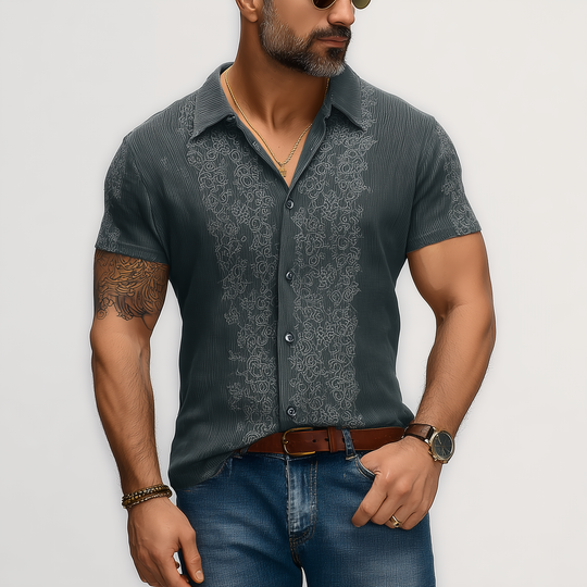 Men's Summer Fashion Embroidery Knitted Striped Short Sleeve Shirt DTT25062005