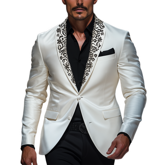 Men's Classic Retro Shawl Collar Embroidery Event Party Satin Slim Fit Single Breasted Blazer DTT25061020