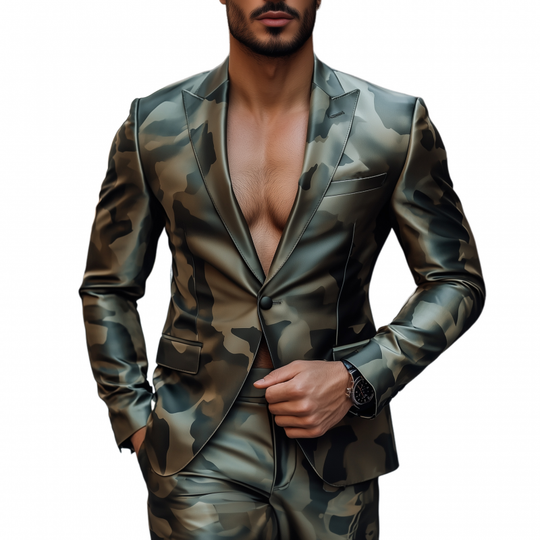 Men's Vintage Camouflage Print Satin Peak Lapel Single Breasted Slim Fit Blazer DTT25080107