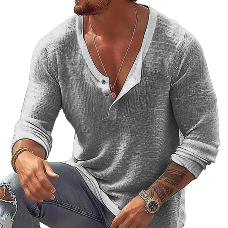Men's Casual Cotton Linen U Neck Long-Sleeved T-Shirt 9261117407416