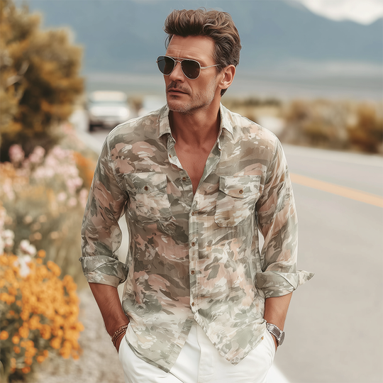 Men's Summer Fashion Casual Chiffon Slightly Transparent Sexy Camouflage Print Long-sleeved Shirt DTT25070902