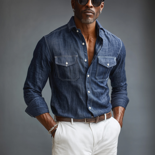 Men's Casual Breathable Cotton Linen Lapel Chest Pocket Slim Fit Long Sleeve Shirt DTT25071512