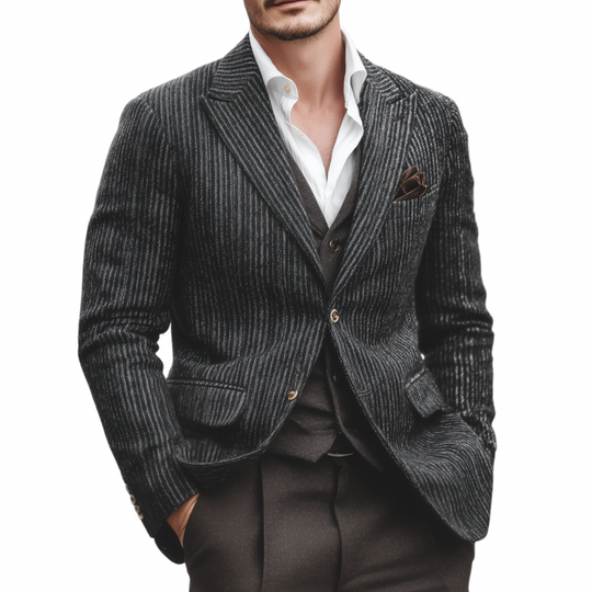 Men's Vintage Wool Blend Striped Peak Lapel Single-breasted Slim-fit Warm Blazer DTT25082202