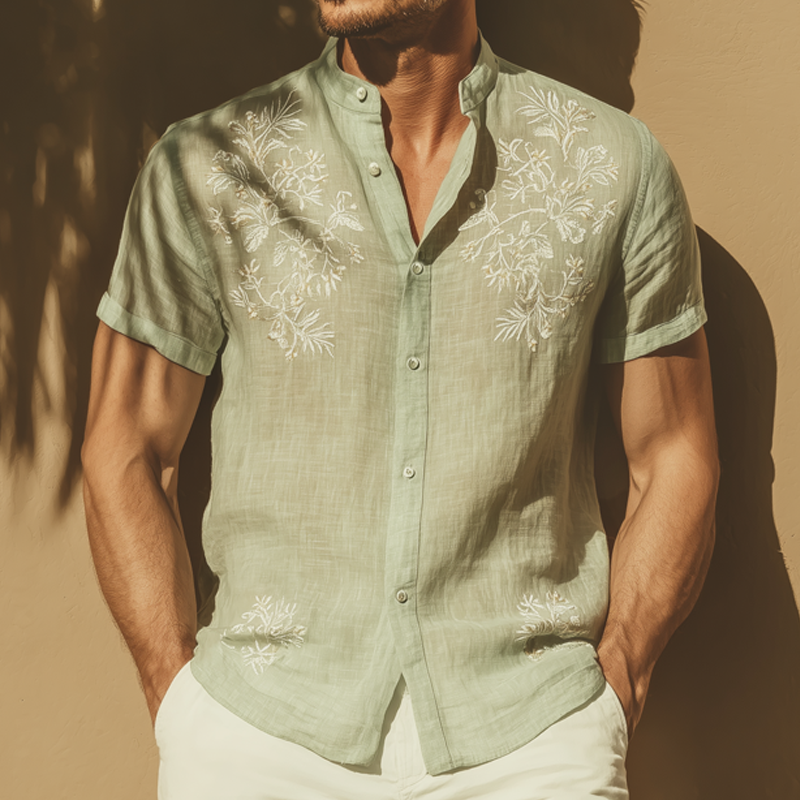 Men's Summer Classic Cotton Embroidered Stand Collar Short Sleeve Shirt DTT25071417