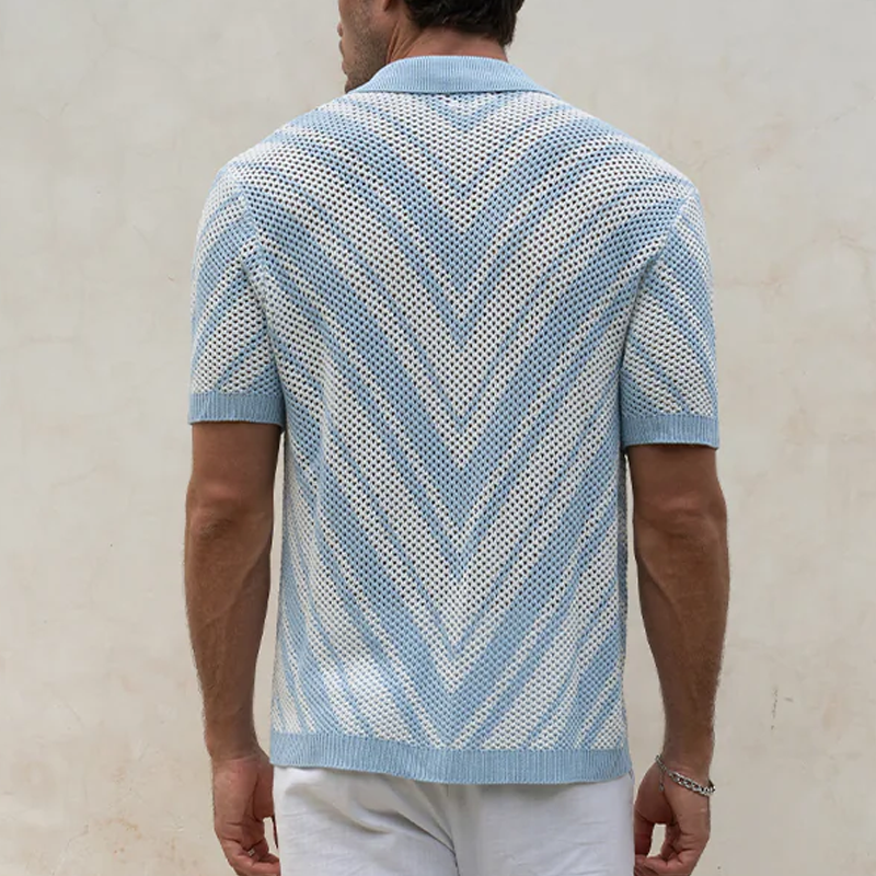 Men's Spring And Summer Fashion Retro Hollow Striped Knitted Short-sleeved Shirt DTT25070802