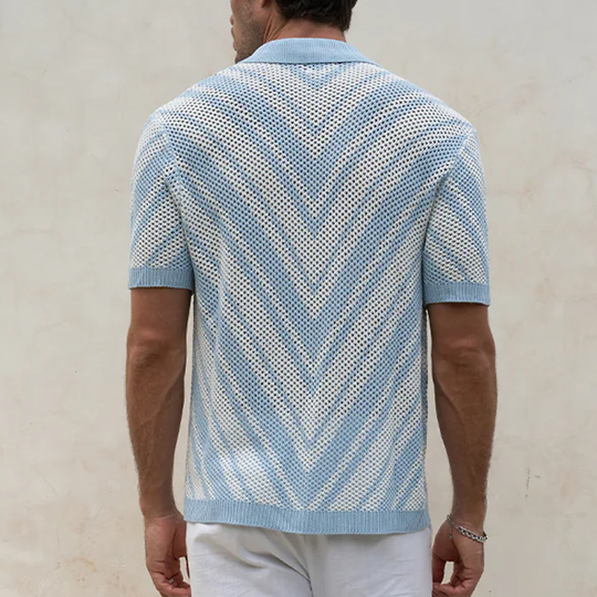 Men's Spring And Summer Fashion Retro Hollow Striped Knitted Short-sleeved Shirt DTT25070802