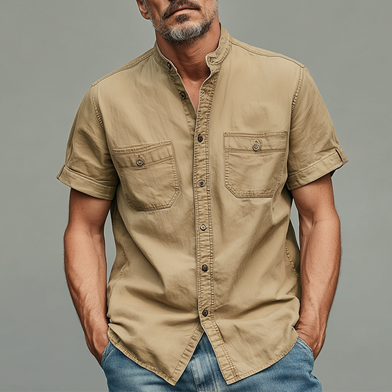 Men's Summer Casual Cotton Blended Washed Stand Collar Short Sleeve Shirt DTT25070311