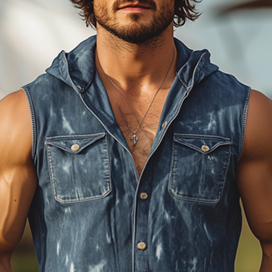 Men's Spring And Summer Fashion Casual Washed Denim Distressed Hooded Sleeveless Shirt DTT25062610