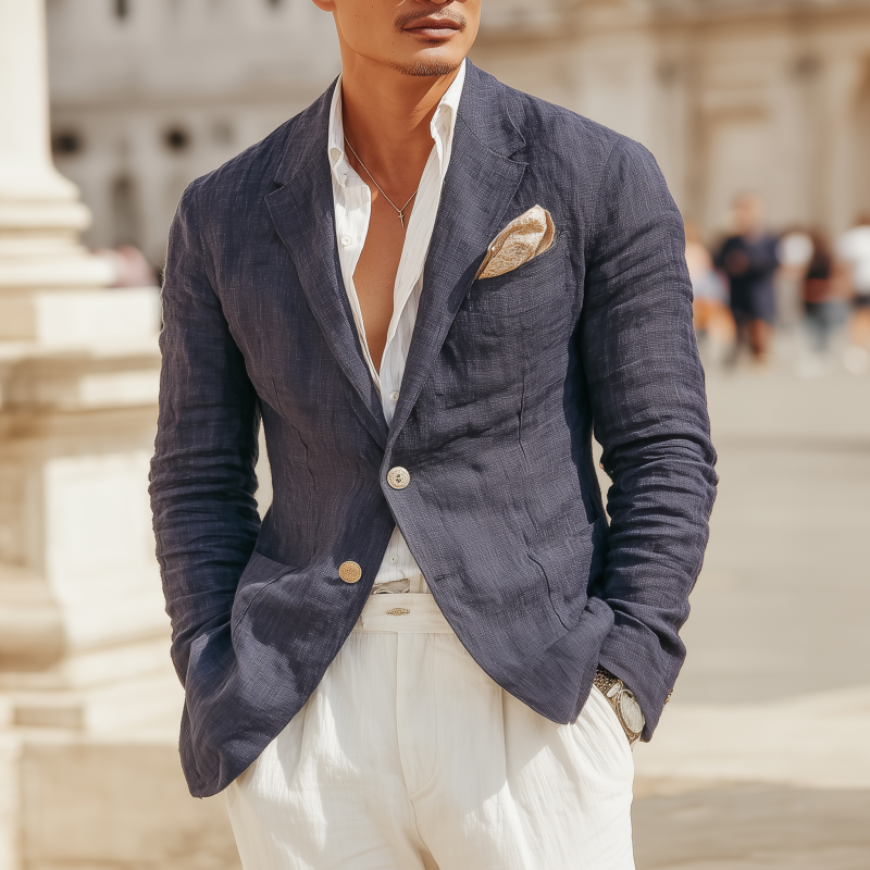 Men's Casual Solid Color Breathable Linen Notch Lapel Single-breasted Slim-fit Blazer DTT25072301