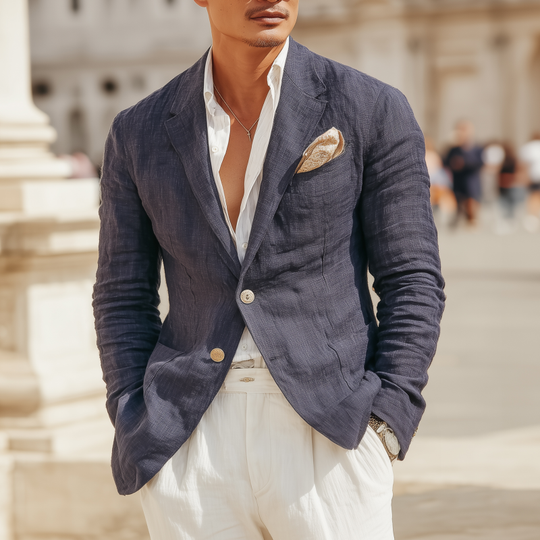 Men's Casual Solid Color Breathable Linen Notch Lapel Single-breasted Slim-fit Blazer DTT25072301