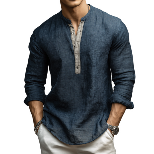 Men's Vintage Casual Cotton And Linen Henley Collar Long Sleeve Shirt DTT25081316