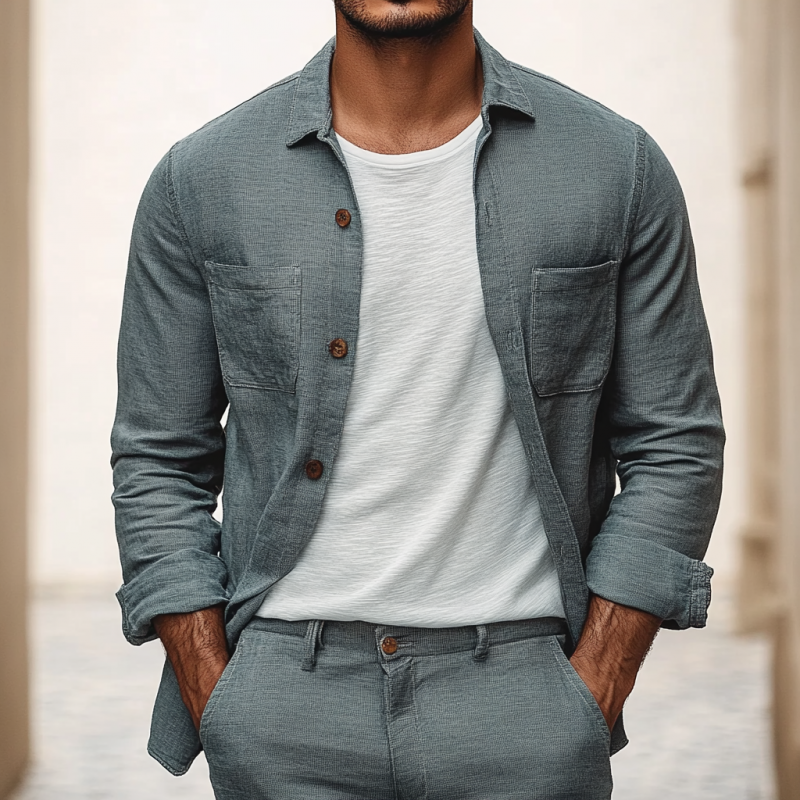 Men's Casual Breathable Linen Lapel Patch Pocket Loose Long Sleeve Shirt DTT25060910